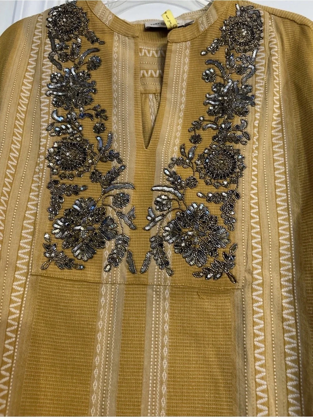 Tory Burch Set Women Sequin Embellished Yellow & Ivory Cotton Tunic 8 & Pants 6
